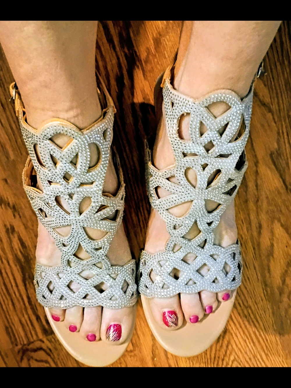 Embellished Cutout Gladiator Sandals in Silver